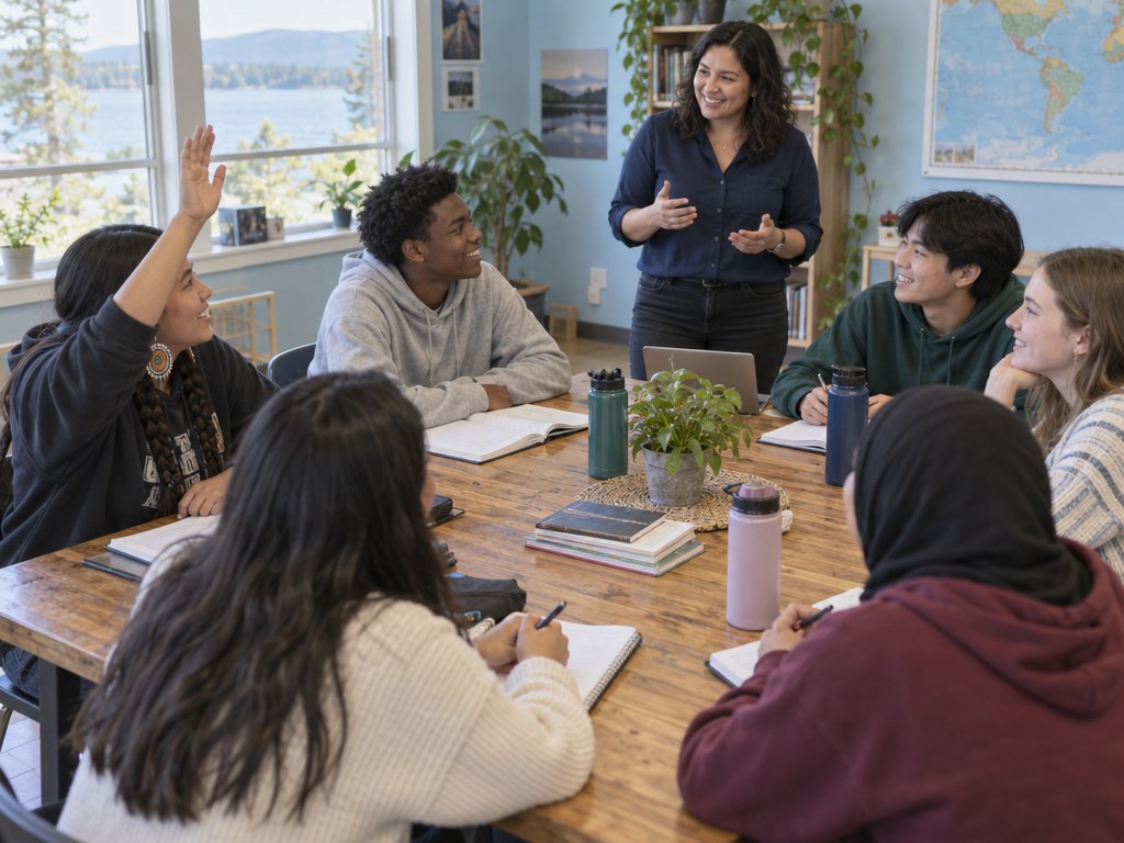 A group of teens around a table in a bright classroom, one with her hand raised, as an instructor speaks