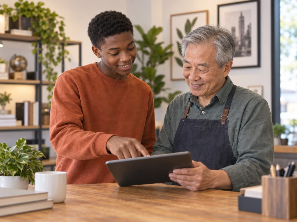 A teen in an orange sweatshirt helps an older man with something on a tablet at a shop counter