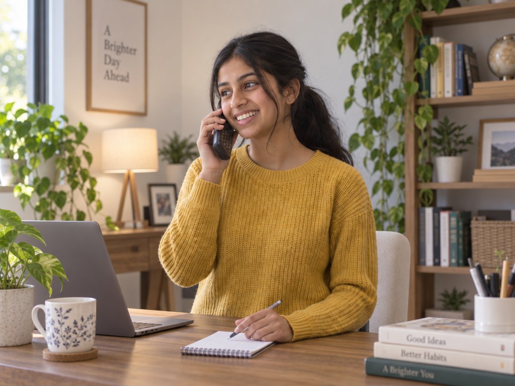 A teen girl in a yellow sweater smiles while taking a phone call at a desk, pen and notepad in hand